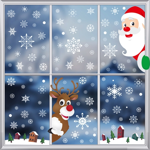 Christmas Window Clings Static Stickers Santa Claus Reindeer Snowflake Double Sided PVC Holiday Glass Decor