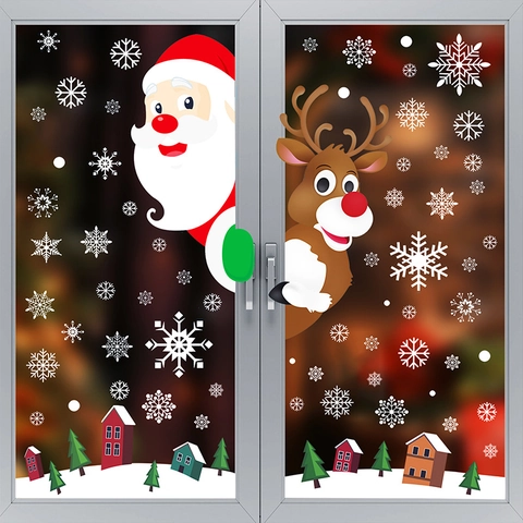 Christmas Window Clings Static Stickers Santa Claus Reindeer Snowflake Double Sided PVC Holiday Glass Decor