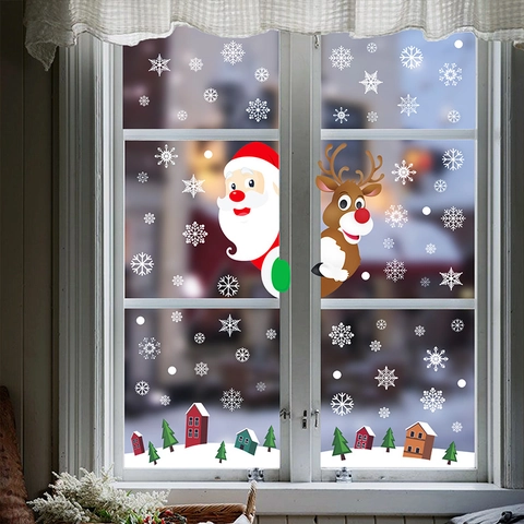 Christmas Window Clings Double Sided PVC Static Stickers Snowflakes Santa Reindeer Holiday Glass Decoration Festive Decor