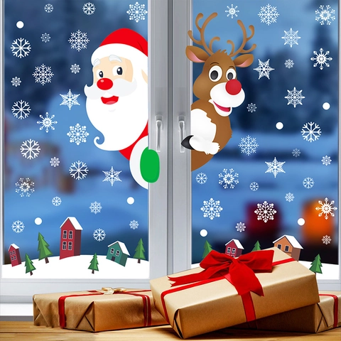 Christmas Window Clings Double Sided PVC Static Stickers Snowflakes Santa Reindeer Holiday Glass Decoration Festive Decor