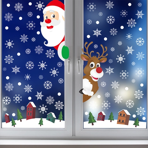 Christmas Window Clings Santa Claus Reindeer Snowflake Static Stickers Double Sided PVC Holiday Home Decor