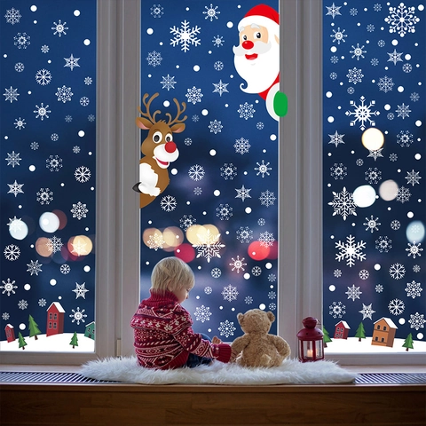 Christmas Window Clings Santa Claus Reindeer Snowflake Static Stickers Double Sided PVC Holiday Home Decor