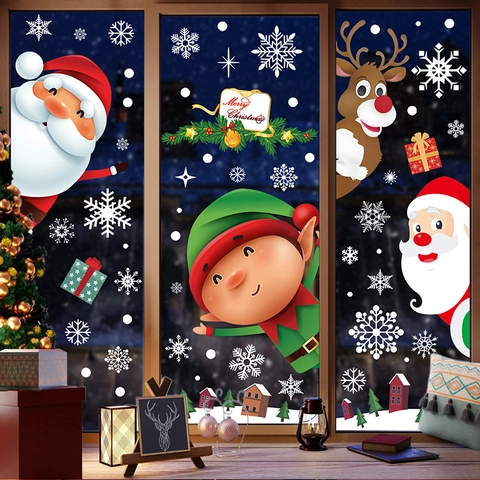 Christmas Window Clings Static Stickers Santa Claus Reindeer Snowflakes PVC Double Sided Glass Decor Holiday Party