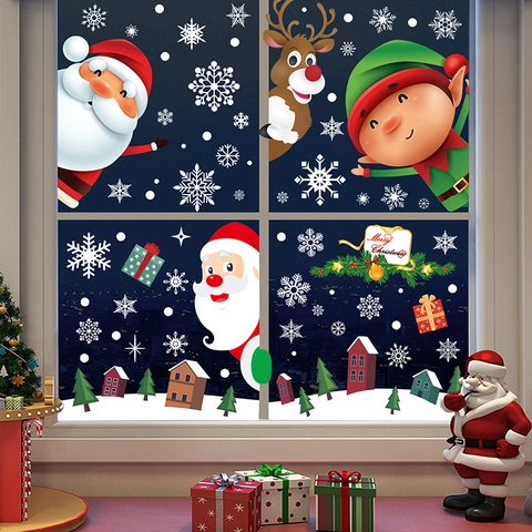 Christmas Window Clings Static Stickers Santa Claus Reindeer Snowflakes PVC Double Sided Glass Decor Holiday Party