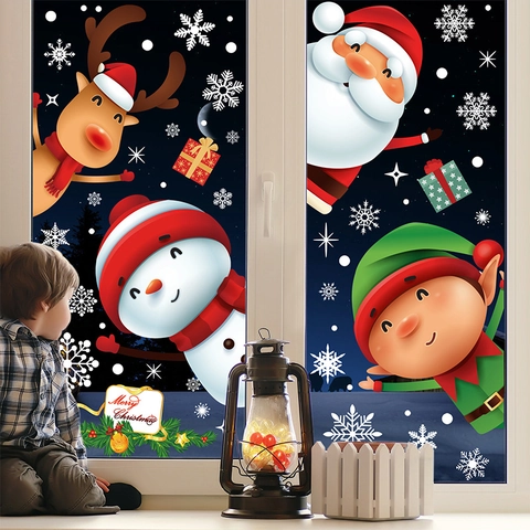 Christmas Window Clings Static PVC Stickers Double Sided Cartoon Snowman Santa Reindeer Elf Snowflake Holiday Glass Decoration