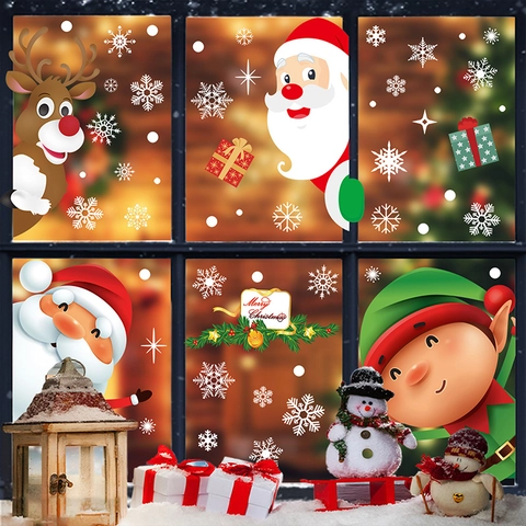 Christmas Window Clings Santa Claus Reindeer Elves Snowflakes Double Sided Static Stickers Waterproof PVC Glass Decal