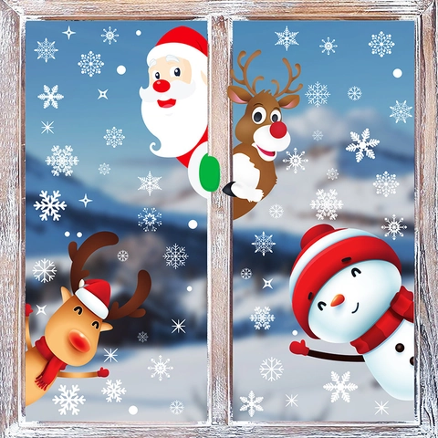 Christmas Window Stickers Static Cling PVC Double Sided Santa Claus Snowman Reindeer Snowflake Glass Decals Holiday Decor