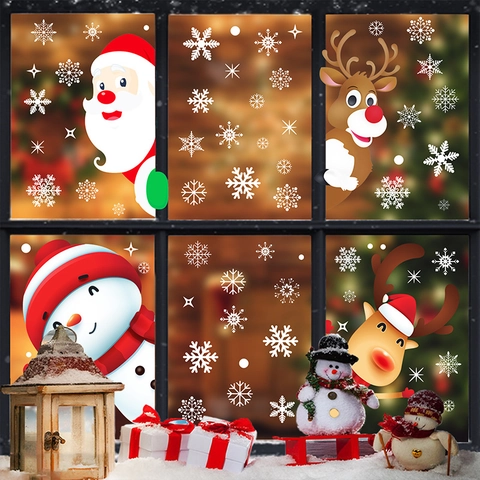 Christmas Window Stickers Static Cling PVC Double Sided Santa Claus Snowman Reindeer Snowflake Glass Decals Holiday Decor