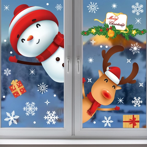 Weihnachtsfensterbilder Statische Aufkleber Schneemann Rentier Schneeflocke Doppelseitig PVC Festliche Glasdeko
