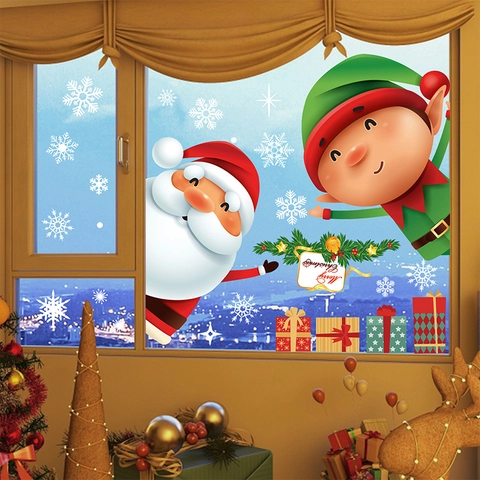 Weihnachtsfensteraufkleber Statische Haftung PVC Weihnachtsmann Elf Schneeflocke Doppelseitige Glasdekore Partydeko