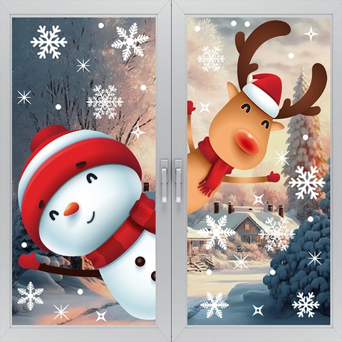 Weihnachtsfensterbilder Statische PVC Aufkleber Schneemann Rentier Schneeflocken Doppelseitige Feiertagsglasdekoration