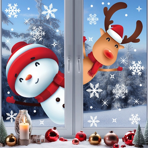 Weihnachtsfensterbilder Statische PVC Aufkleber Schneemann Rentier Schneeflocken Doppelseitige Feiertagsglasdekoration