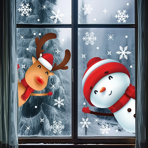 Christmas Window Stickers Static Cling PVC Removable Double Sided Snowman Reindeer Snowflake Holiday Glass Decoration