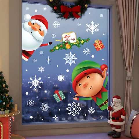 Pegatinas De Navidad Para Ventanas PVC Estático Doble Cara Reutilizable Papá Noel Duende Copos De Nieve Para Cristal Hogar
