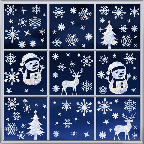 Pegatinas de Ventana de Navidad Holográficas Arcoíris Estáticas Vidrio Copo de Nieve Reno Árbol Muñeco de Nieve Decor
