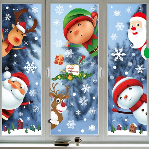 Christmas Window Stickers Static Cling PVC Santa Claus Reindeer Snowman Snowflake Reusable Glass Decals Holiday Decor