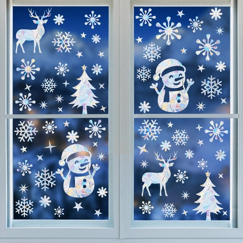 Adesivi per Finestre Acchiappasole di Natale in PVC Olografico Prisma Arcobaleno Decalcomanie per Casa Pupazzo di Neve Renna Fiocco di Neve Decorazione Vetro