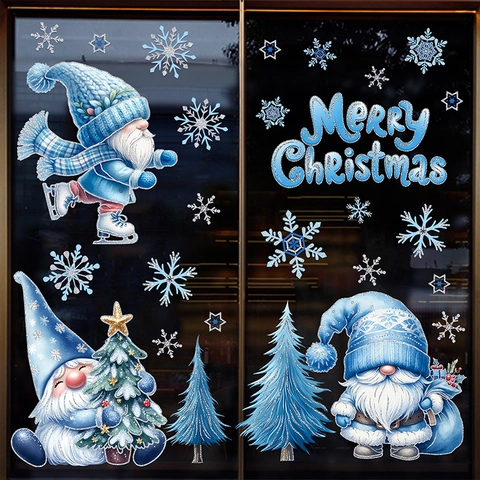 Christmas Window Clings Blue Glitter Static PVC Stickers Gnome Snowman Snowflake Tree Holiday Decor For Glass