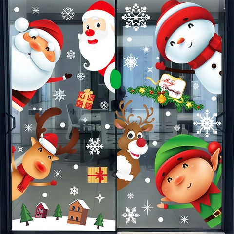 Christmas Window Stickers Static Cling PVC Removable Double Sided Snowman Reindeer Snowflake Holiday Glass Decoration