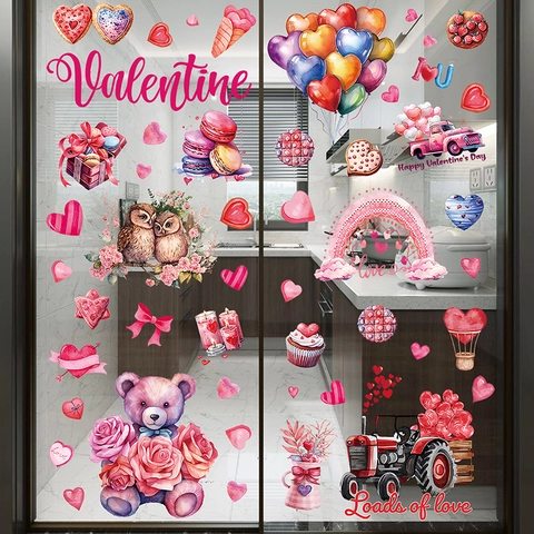 Valentine's Day Double Sided Window Clings Static PVC Stickers Heart Gnome Animal Decals For Romantic Home Shop Decoration