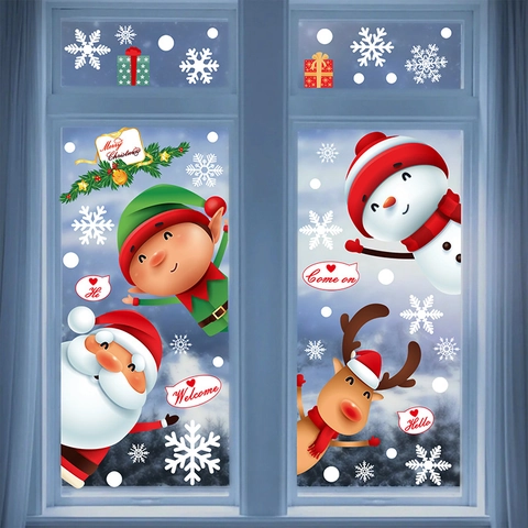 Weihnachten Statische Fensterbilder PVC Aufkleber Weihnachtsmann Rentier Schneemann Schneeflocke Doppelseitige Sticker Für Haus Shop Deko
