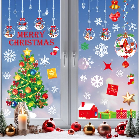 Christmas Window Clings Static Stickers PVC Removable Reusable Double Sided Snowflake Santa Claus Christmas Tree Glass