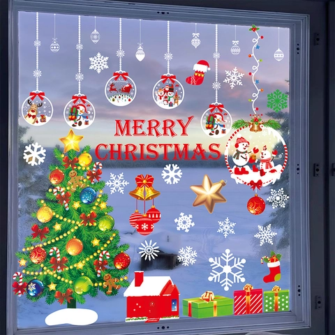 Christmas Window Clings Static Stickers PVC Removable Reusable Double Sided Snowflake Santa Claus Christmas Tree Glass
