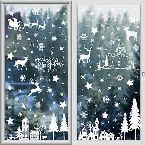 Christmas Window Clings PVC Static Stickers White Reindeer Santa Sleigh Snowflake Star House Festive Decoration Glass Door