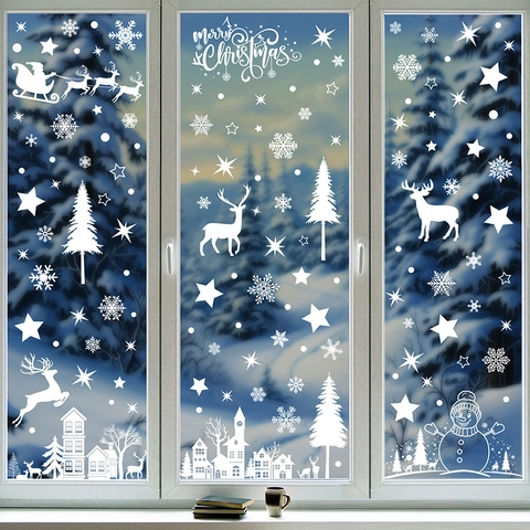 Christmas Window Clings PVC Static Stickers White Reindeer Santa Sleigh Snowflake Star House Festive Decoration Glass Door