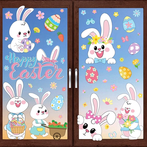 Easter Bunny Window Clings Static PVC Double Sided Glass Decoration Cartoon Egg Gnome Flower Butterfly Holiday Home Decor