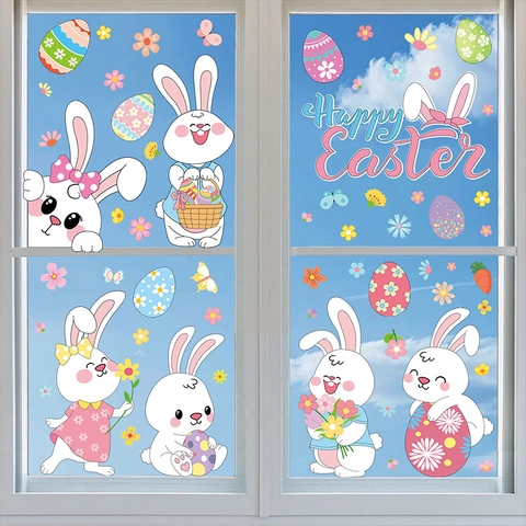 Easter Bunny Window Clings Static PVC Double Sided Glass Decoration Cartoon Egg Gnome Flower Butterfly Holiday Home Decor