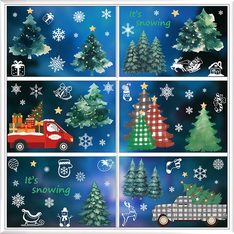 Christmas Window Clings Static Sticker PVC Double Sided Santa Claus Tree Snowflake Reindeer Decor For Glass Door
