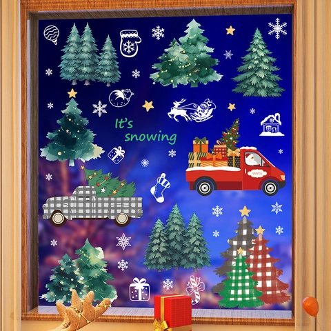 Christmas Window Clings Static Sticker PVC Double Sided Santa Claus Tree Snowflake Reindeer Decor For Glass Door