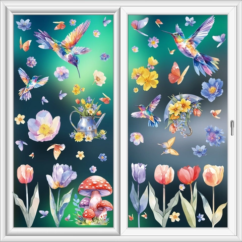Spring Flower Bird Butterfly Window Clings Static PVC Double Sided Watercolor Floral Mushroom Gnome Decor For Glass