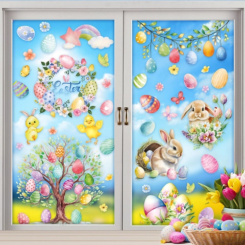 Easter Window Clings Static Cling Stickers Double Sided PVC Bunny Egg Chick Pattern Festival Home Decoration For Glass