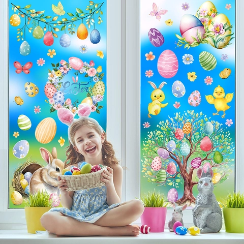 Easter Window Clings Static Cling Stickers Double Sided PVC Bunny Egg Chick Pattern Festival Home Decoration For Glass