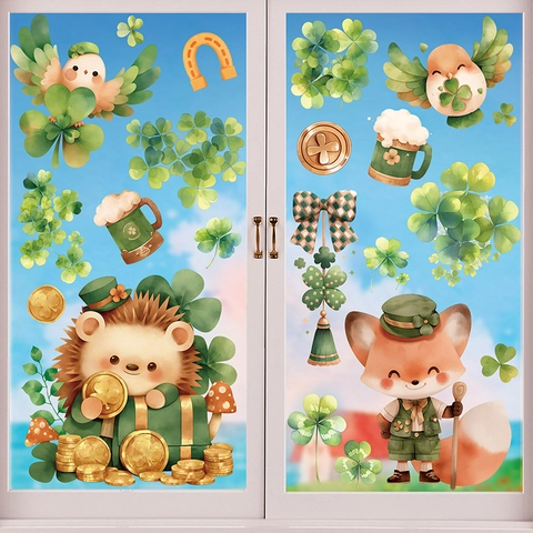 St Patrick's Day Window Clings Double Sided Static Stickers Lucky Clover Shamrock Cartoon Animal Decals For Glass