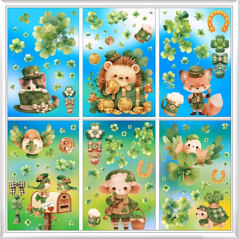 St Patrick's Day Window Clings Double Sided Static Stickers Lucky Clover Shamrock Cartoon Animal Decals For Glass
