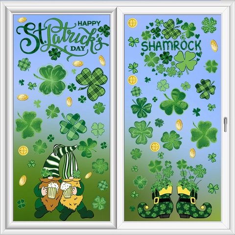 St Patrick's Day Window Clings Double Sided Static Shamrock Clover Gnome Green Gold Window Stickers For Home Glass Decoration