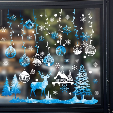 9 Hojas Pegatinas de Ventana de Navidad Estáticas Reno Muñeco de Nieve Copo de Nieve Árbol de Navidad Adhesivo de Cristal Doble Cara Decoración Winter Wonderland