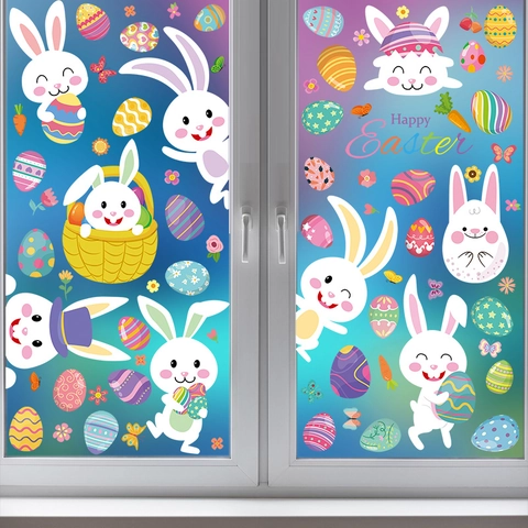 Easter Window Clings Static Stickers Double Sided Cartoon Bunny Rabbit Colorful Egg Flower Holiday Glass Decoration Home Decor