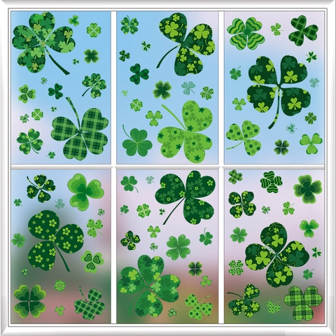 Adhesivos para Ventanas Día de San Patricio Trébol Estáticos Doble Cara Verde Gnomo Moneda de Oro Calcomanías de Vidrio para Decoración Hogar Oficina Fiesta