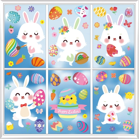 Easter Window Clings Double Sided Static Film Stickers Cartoon Rabbit Gnome Colorful Egg Waterproof Glass Decor Home