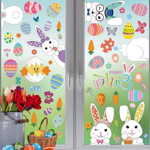 Adesivi Statici Per Finestre Pasquali Doppia Faccia Coniglio Uova Gnomi Decalcomanie Decorative Per Porte In Vetro Casa