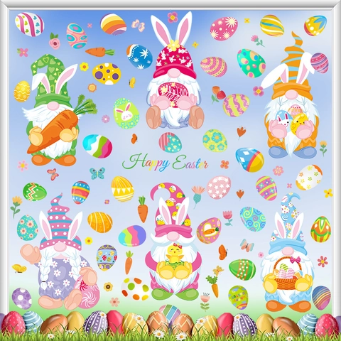 Easter Window Clings Gnome Bunny Eggs Static Sticker PVC Double Sided Glass Decals Holiday Decoration For Home