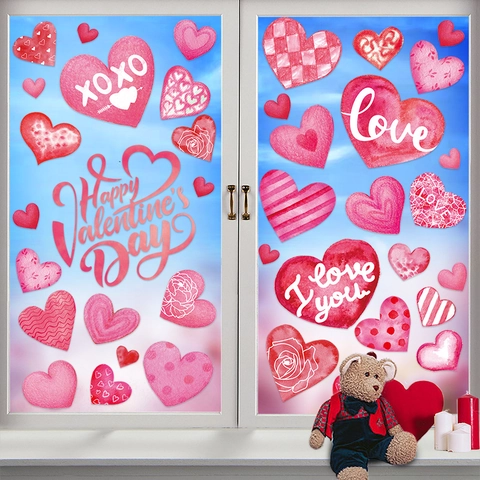 Pegatinas De Ventana Con Corazón De San Valentín Adhesivos Estáticos De PVC De Doble Cara Calcomanías Románticas Rosas Rojas