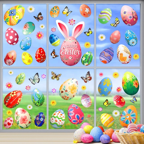 Pegatinas de Ventana de Pascua Estáticas a Doble Cara para Superficies de Vidrio Huevos de Colores Orejas de Conejo Decoraciones de Felices Pascuas para Casa Fiesta