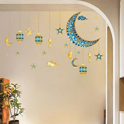 Ramadan Wall Stickers Moon Star Lantern Pattern PVC Waterproof Self Adhesive Islamic Eid Mubarak Home Decor