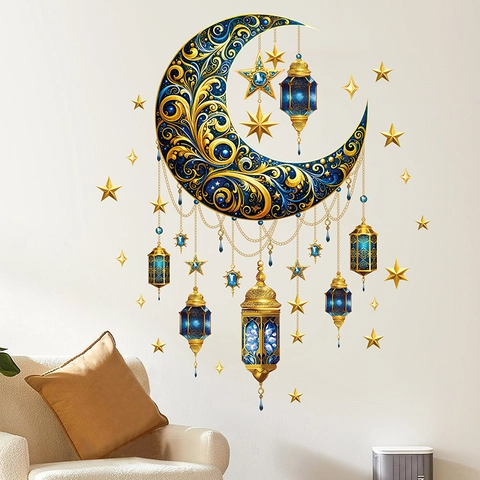 Ramadan Eid Moon Star Lantern Wall Stickers PVC Self Adhesive Islamic Style Home Decor Background Mural