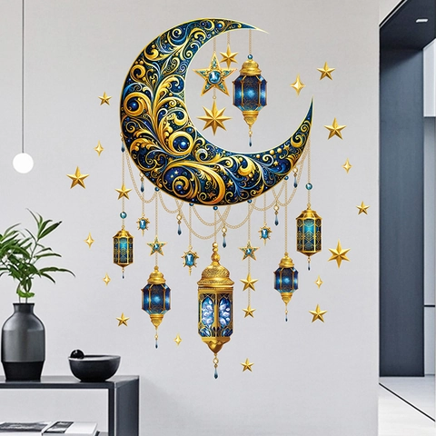 Ramadan Eid Moon Star Lantern Wall Stickers PVC Self Adhesive Islamic Style Home Decor Background Mural